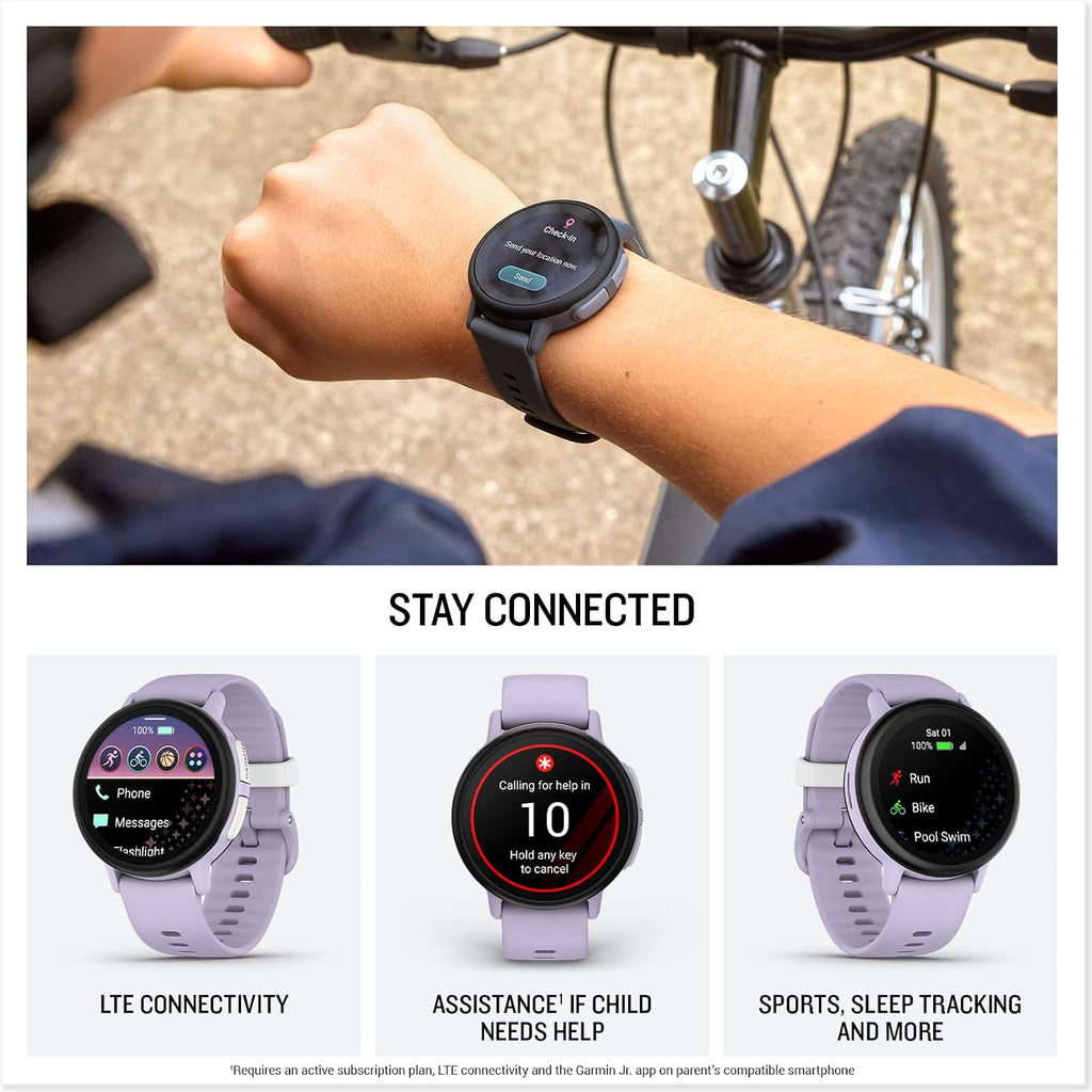 PlayBetter Garmin Bounce 2 (Light Purple) Kids GPS Smartwatch Gift Box Bundle - Calling, Messaging & Location Tracking Features HD Screen Protectors, Wall Adapter & Case