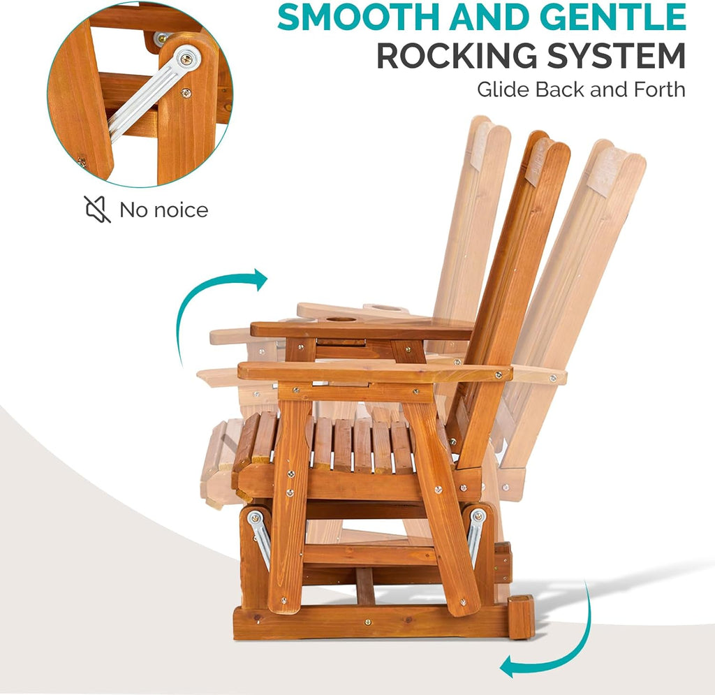 VINGLI Outdoor Glider Chair Wood Patio Glider with Cup Holder, Porch Glider with Smooth Rocking Mechanism, Heavy Duty 600 LBS