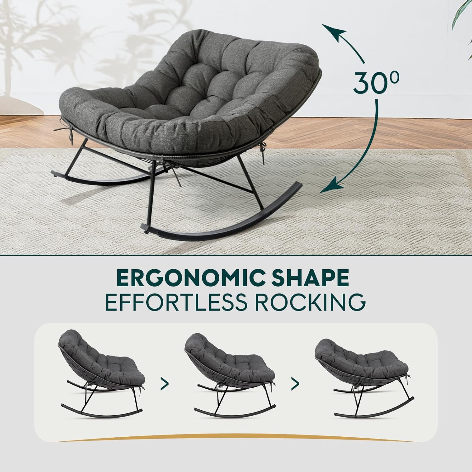 Bme Patio Rocking Chair Outdoor and Indoor, Modern Metal Lounge Rocker with Thick 7'' Cushion, 400lbs Capacity, Ergonomic Design, Easy Assembly, Grey Cushion - Black Matte Rocker