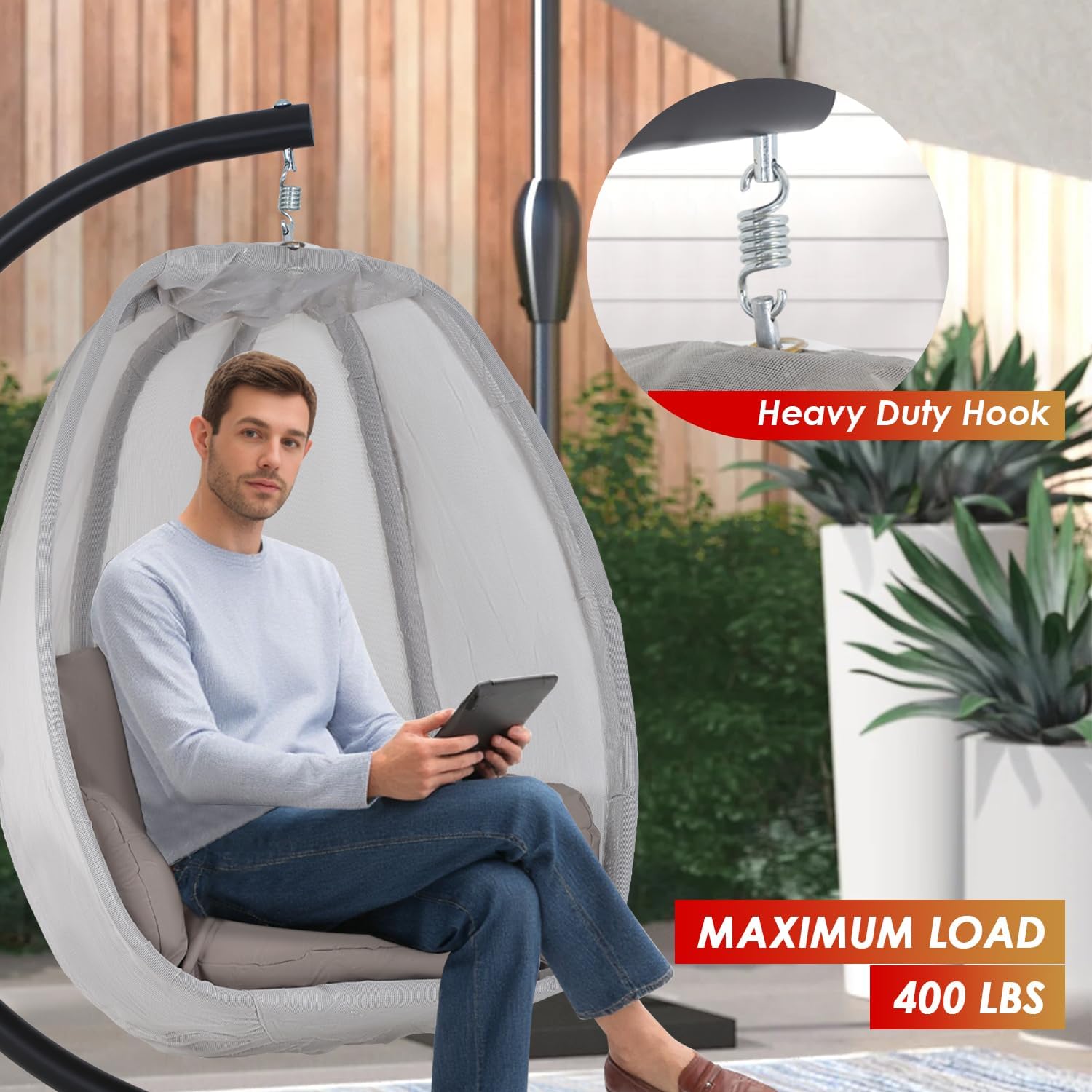 Egg Chair with Comfy Cushions Indoor Outdoor Hanging Chair Sturdy Heavy Duty Hammock Chair with Stand Cushions Breathable Fabric Cover for Patio Bedroom Garden Poolside, Grey