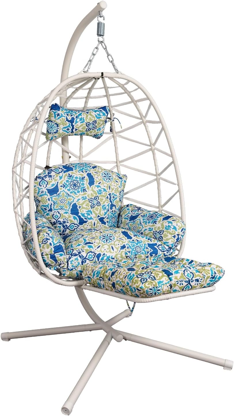 Hanging Egg Chair with Stand & Leg Rest,Rattan Wicker Swing Chair with Cushion,Patio Basket Hanging Chair Wicker Hammock Chair for Indoor Outdoor Bedroom Garden,300LBS (White Rattan&Floral Cushion)