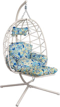 Hanging Egg Chair with Stand & Leg Rest,Rattan Wicker Swing Chair with Cushion,Patio Basket Hanging Chair Wicker Hammock Chair for Indoor Outdoor Bedroom Garden,300LBS (White Rattan&Floral Cushion)
