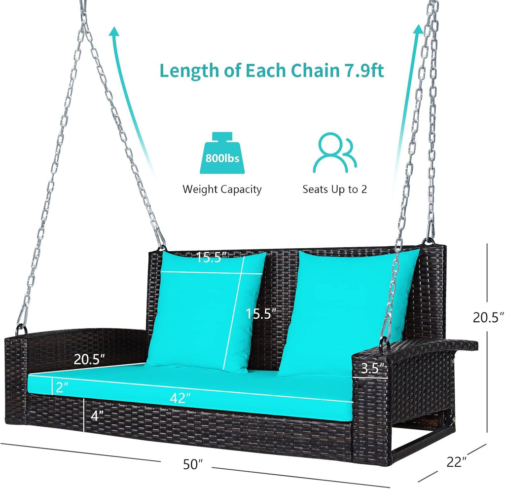 RELAX4LIFE Porch Swing 2-Seat Patio Rattan, Wicker Porch Swings Outdoor W/Two 7.9 Ft Solid Steel Chain, Comfortable Back & Seat Cushions, for Front Porch, Garden, Backyard Patio Swing (Turquoise)