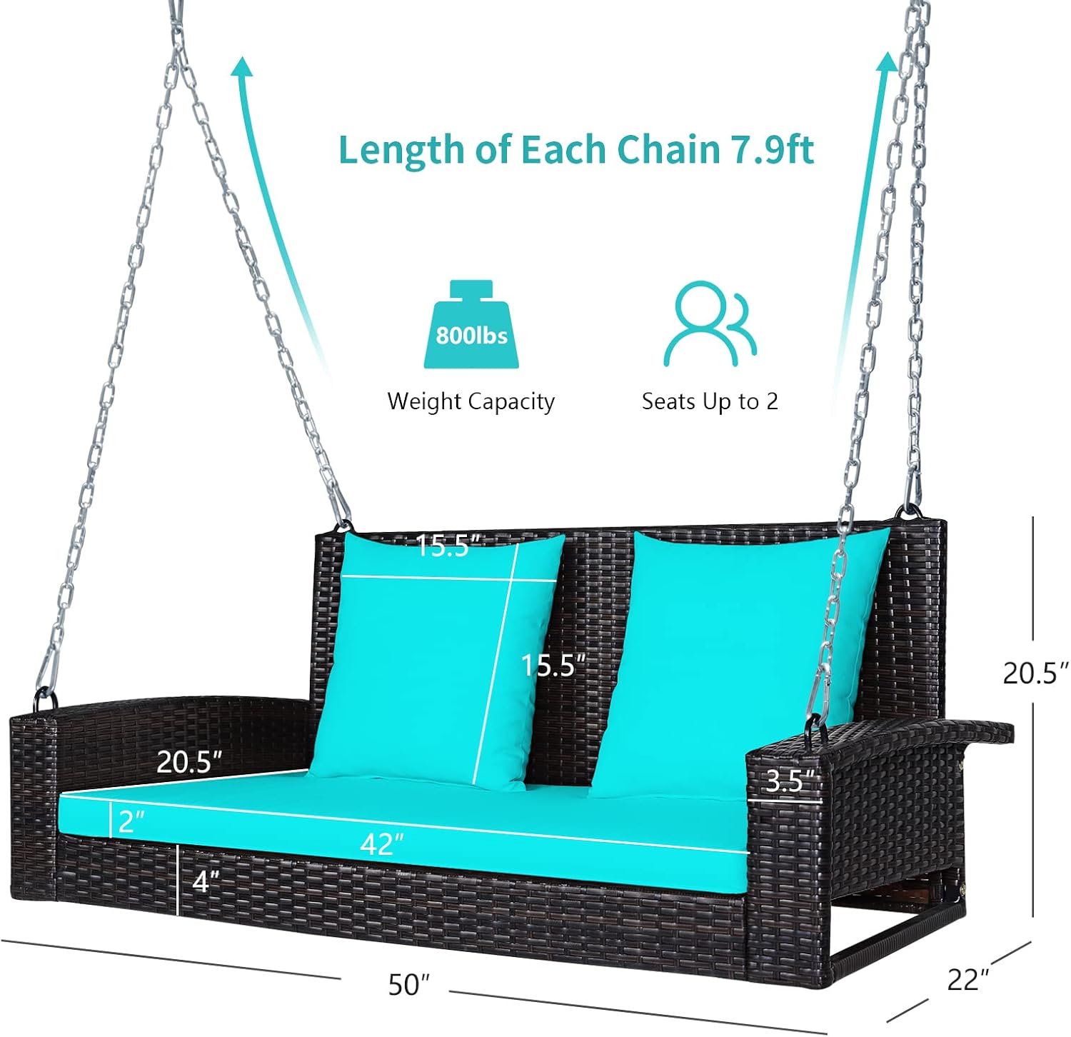 RELAX4LIFE Porch Swing 2-Seat Patio Rattan, Wicker Porch Swings Outdoor W/Two 7.9 Ft Solid Steel Chain, Comfortable Back & Seat Cushions, for Front Porch, Garden, Backyard Patio Swing (Turquoise)
