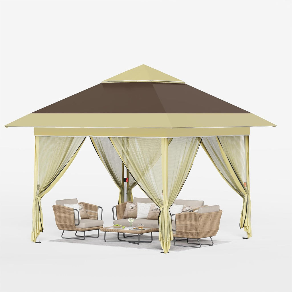 Devoko 10x10 Pop Up Gazebo Canopy Tent with Double Roof – Instant Shelter for Backyard, Garden, Party, Patio, Lawn – Portable Vented Outdoor Shade (Brown)