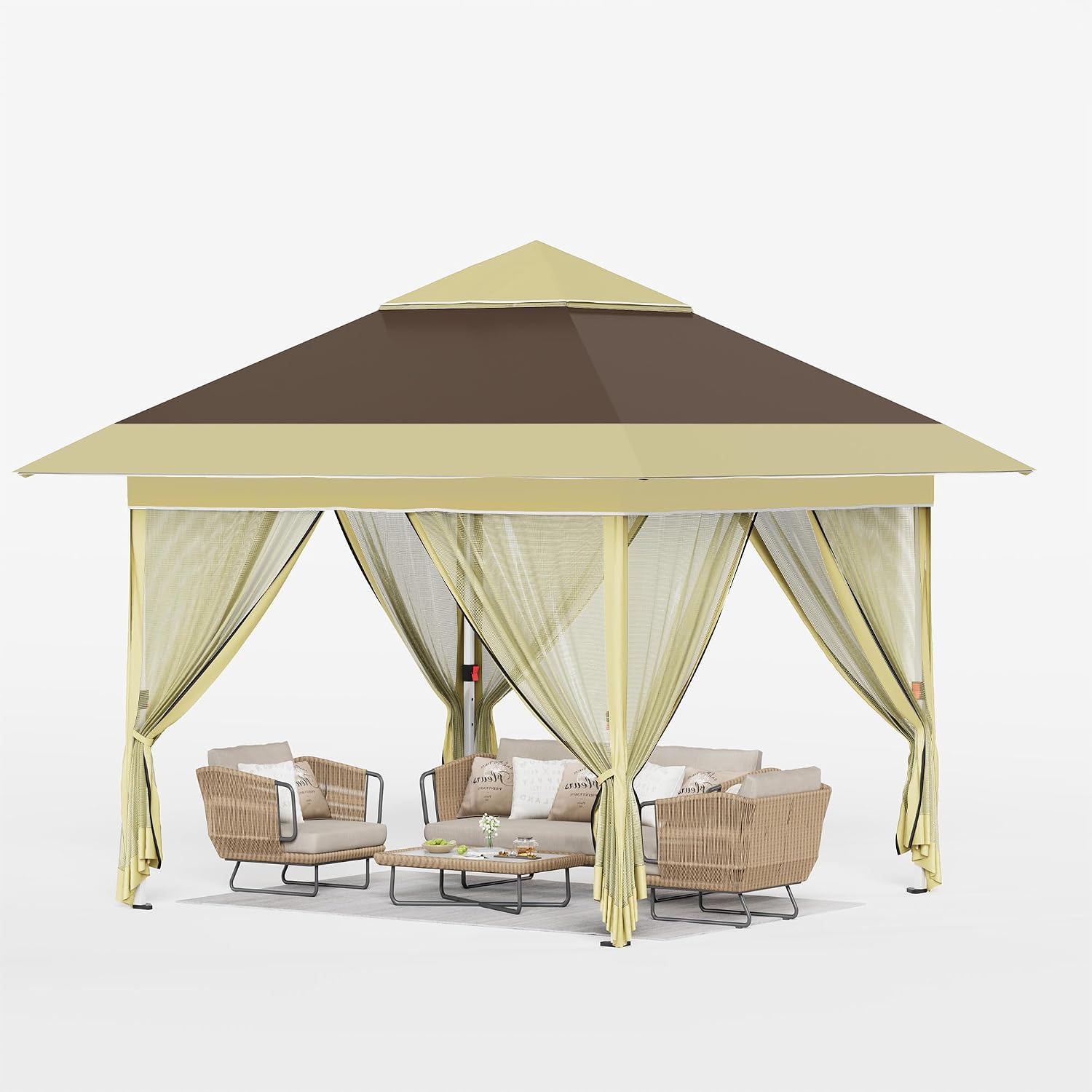 Devoko 10x10 Pop Up Gazebo Canopy Tent with Double Roof – Instant Shelter for Backyard, Garden, Party, Patio, Lawn – Portable Vented Outdoor Shade (Brown)