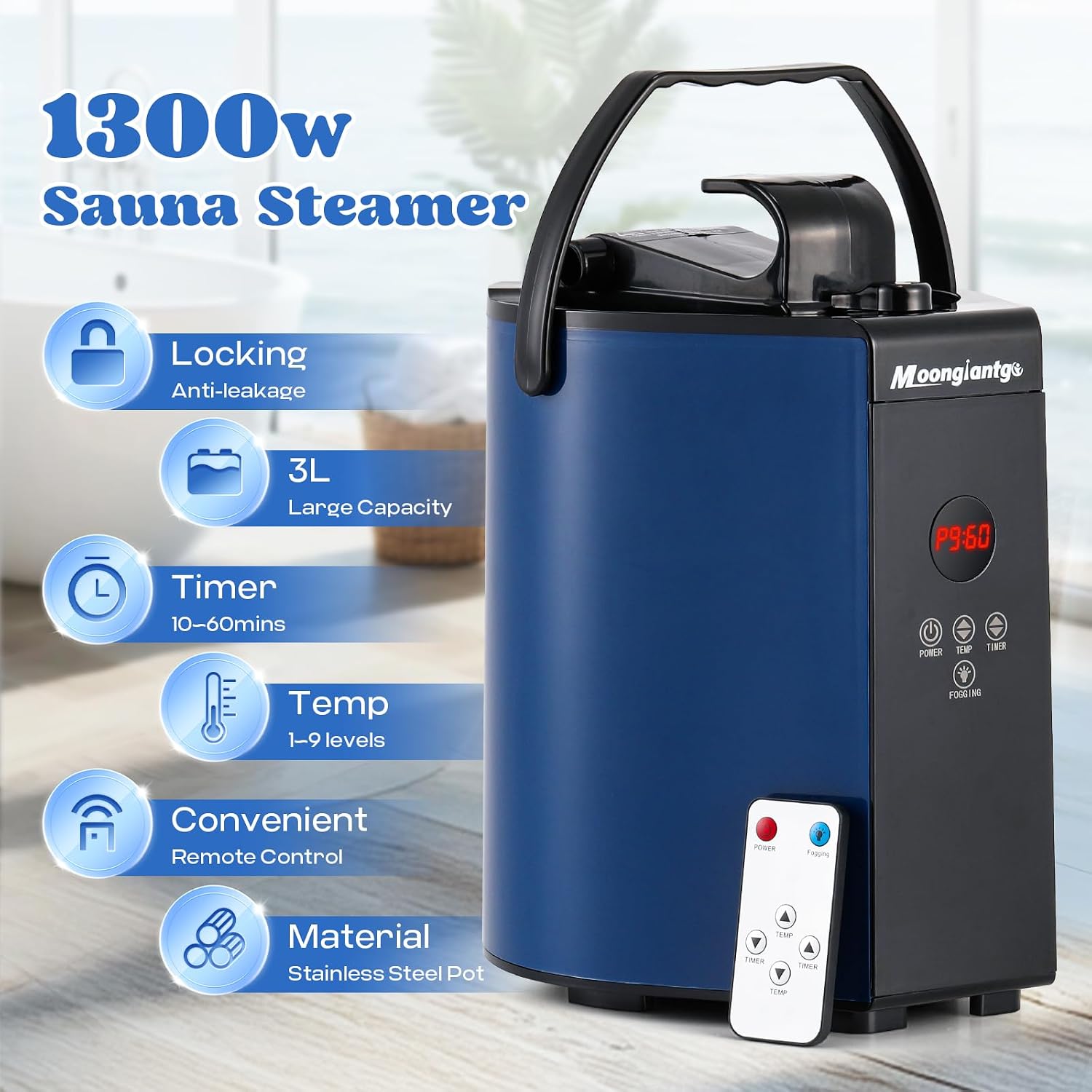 Moongiantgo Portable Sauna Steamer, 3L Locking Steamer Machine with Remote Control, 1300W Stainless Steel Pot for Home Spa Fumigation Mini Steam Generator, 6 Timer, 9 Temperature Levels, 110V