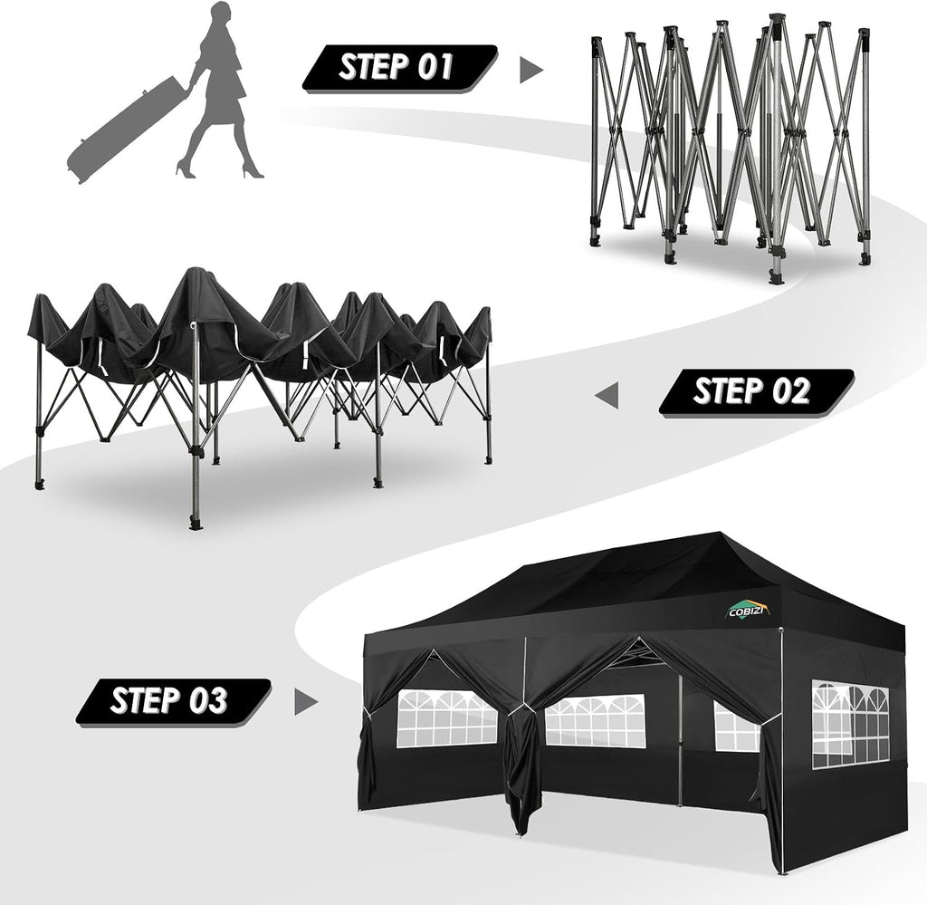 COBIZI 10x20 Canopy with Sidewalls, Heavy Duty Party Tent Pop up Canopy, Tents for Parties, Wedding, Outdoor Easy up Foldable Portable Canopy Tent with Wheeled Bag, Black(Windproof Upgrade)