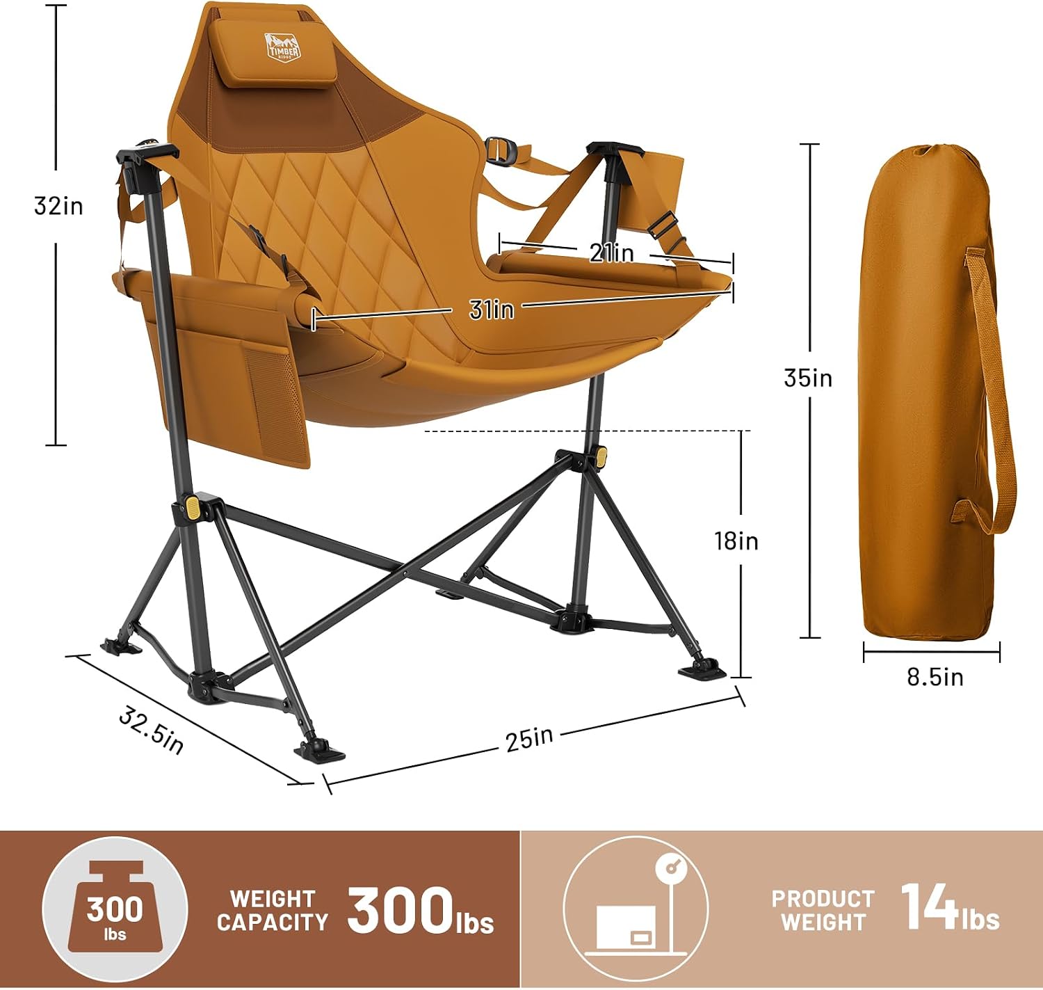 Timber Ridge Hammock Camping Chair with Adjustable Backrest, Heavy Duty Folding Hammock Chair Supports 300lbs, Portable Hammock Chair for Camping, Travelling and Patio, Orange 2 Pack