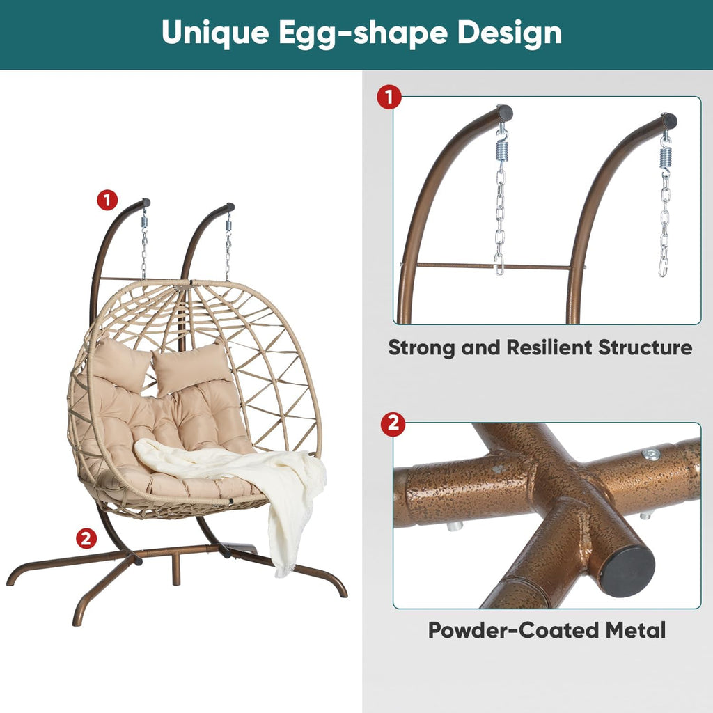 JOYBASE Double Swing Egg Chair with Stand, 2-Person Hanging Egg Chair Wicker Rattan Oversized Swinging Chair for Outdoor Indoor Garden Patio (Khaki Cushion and Beige Rattan)