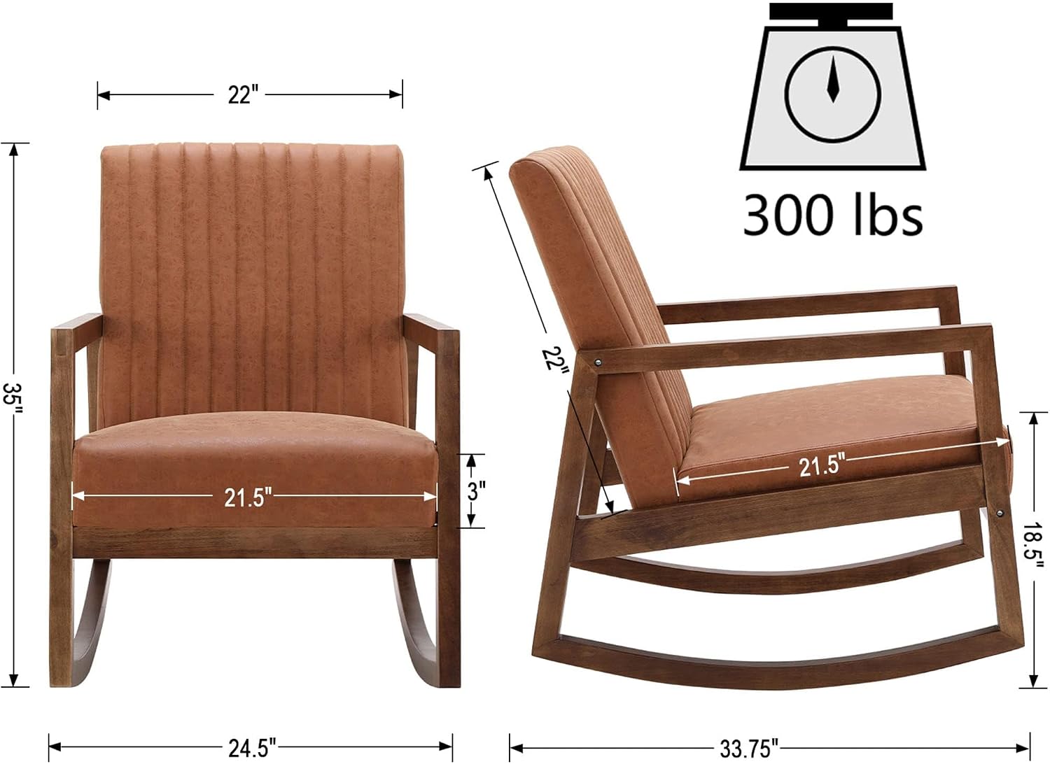 VESCASA Brown Faux Leather Rocking Chair with Channel-Tufted Back, Mid-Century Modern Comfy Rocker with Walnut Wood Frame for Nursery Living Room Bedroom Indoor, Burnt Orange Upholstered Chair
