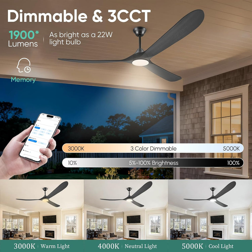 82' Large Indoor Outdoor Ceiling Fan with Light - Remote/App/Alexa Control, 3 Wood Blade, High CFM Quiet Energy Efficient Reversible, Damp-rated for Patios Porch Garage Shop, Modern Black Industrial