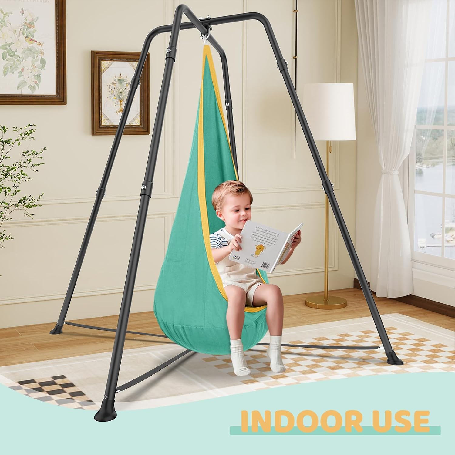 Swing Stand Frame with Sensory Pod Swings and Chair, Sensory Swing Set, X-Shaped Swing Frame, Heavy-Duty Metal Hammock Chair Stand for for Adults Indoor and Outdoor 330LBS(Mint Green)