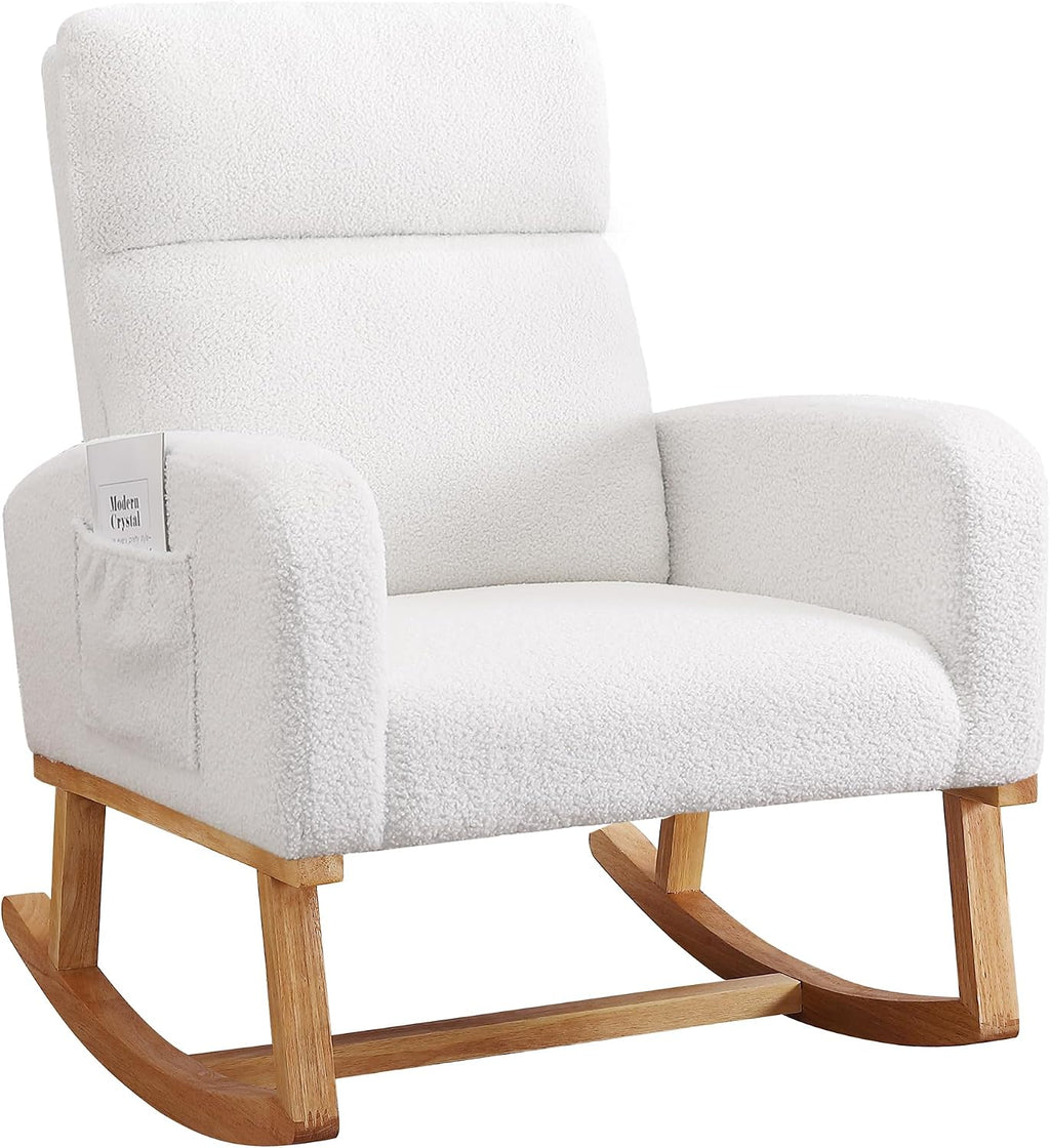 Rocking Chair Nursery,Teddy Rocker Nursing Chairs with Wood Legs & Side Pocket, Comfortable Glider Roking Chair for Nursery, Living Room, Bedroom, Sherpa White