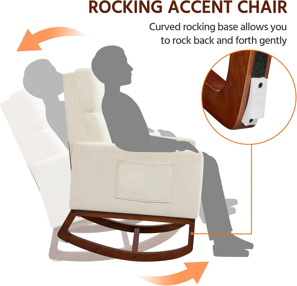 Yaheetech Rocking Chair, Modern Glider Chair, Recliner Armchair with Wood Legs and Side Pocket, Nursery Rocking Accent Chair with High Back for Living Room Bedroom, Beige