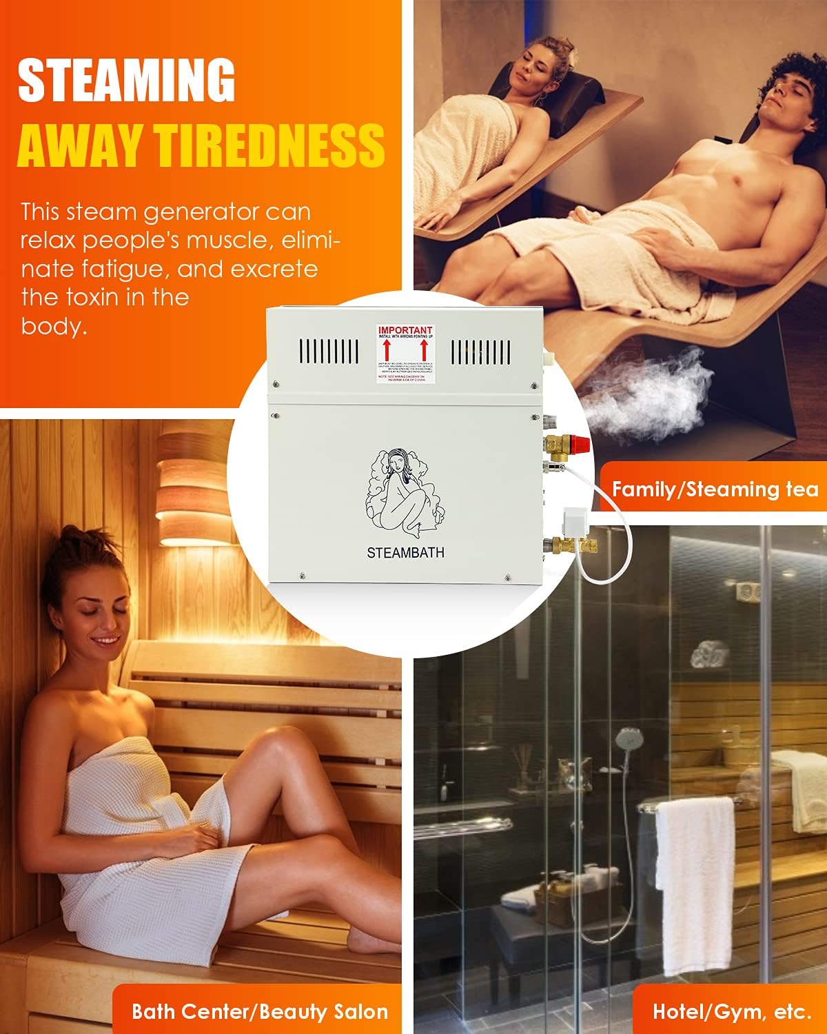 CGOLDENWALL 6KW Luxury Self-draining Steam Generator Shower Sauna Bath Home Steam Bath Spa Generator with waterproof Control and Auto Drain 95-131℉ For Max space heating 6 m³ (212 ft3)