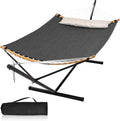 Double Hammock with Stand, Quick Dry Hammock with 12FT Stand for Outside, Poolside, 450 Lbs Capacity, Dark Grey