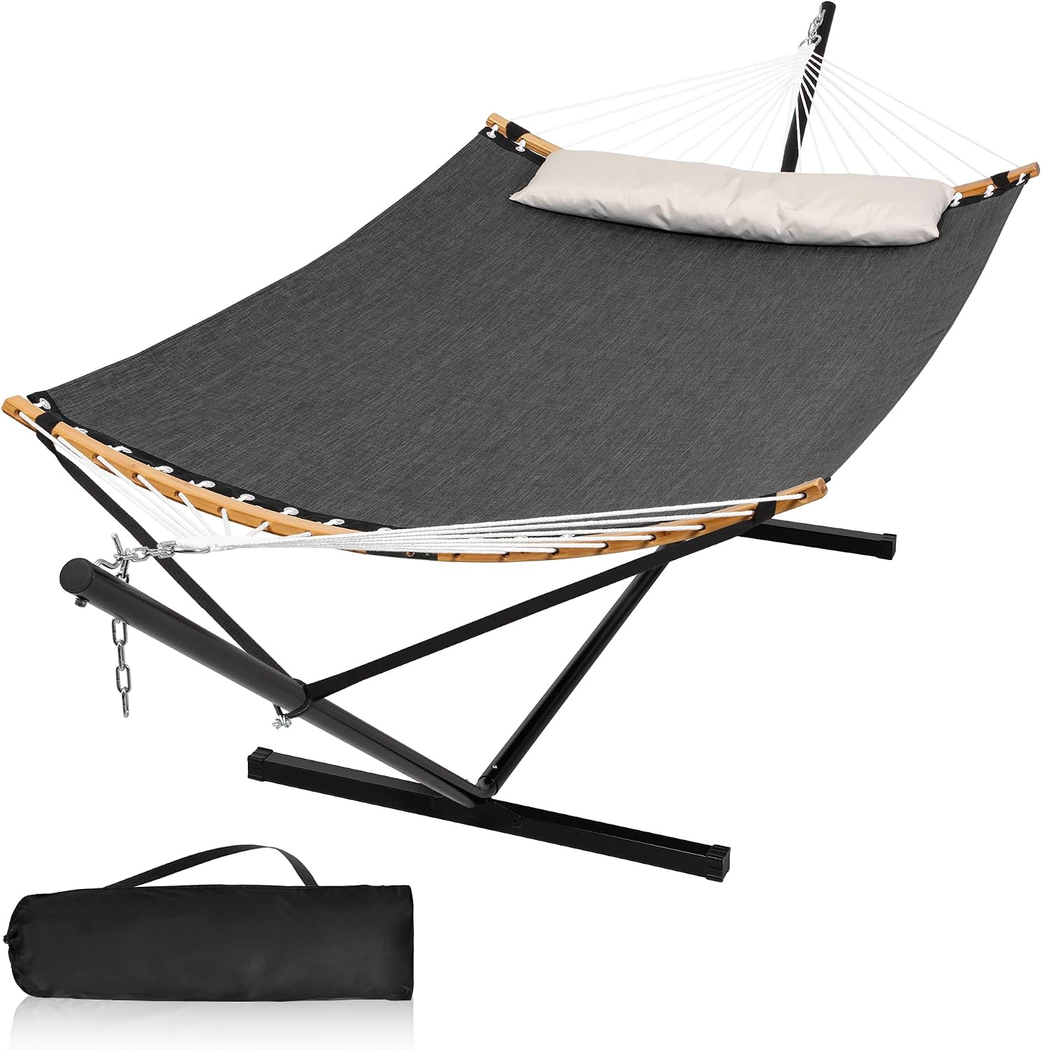 Double Hammock with Stand, Quick Dry Hammock with 12FT Stand for Outside, Poolside, 450 Lbs Capacity, Dark Grey