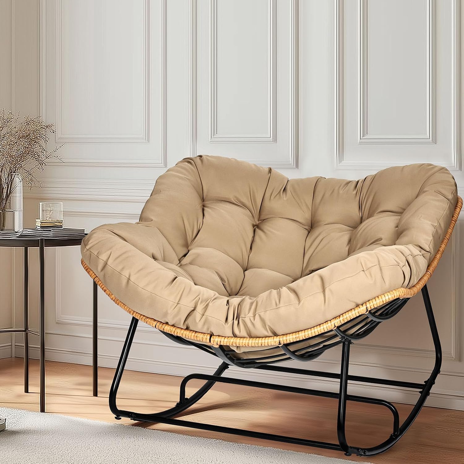 Outdoor Egg Rocking Chair, Indoor Papasan Rocking Chair with Thick Cushion, Modern Lounge Rocker for Balcony, Living Room, Bedroom, Porch, Lawn, Garden (Yellow)