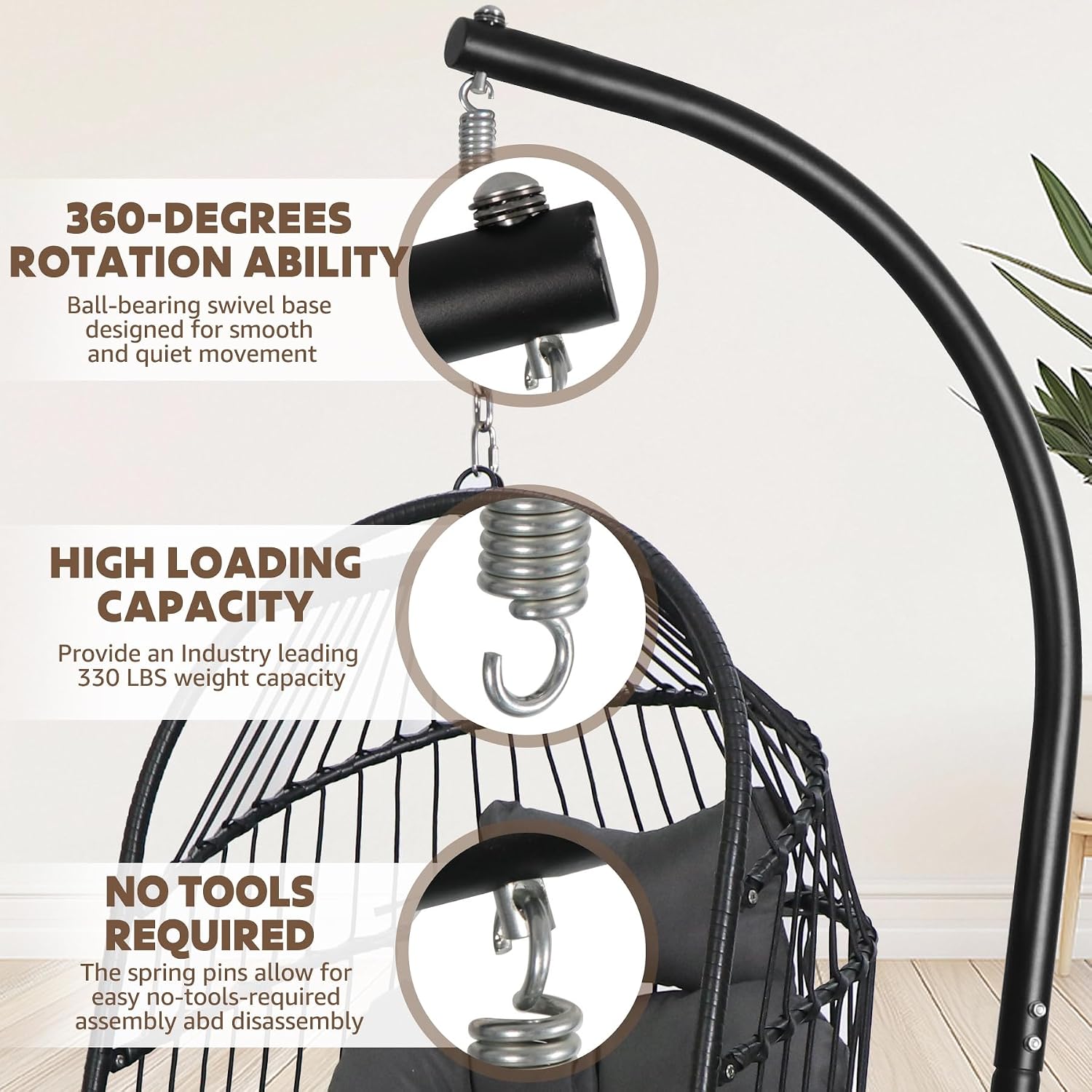 Chihee Egg Chair with Ultra Strong Stand and Cushion Foldable Wicker Rattan Hanging Chair Indoor Outdoor Patio Lounging Chair 330 lbs Capacity Balcony Porch Bedroom Garden