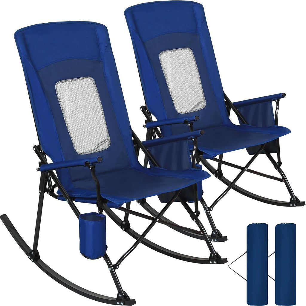 Romswi 2 Pack Rocking Camping Chair for Adult 400LBS Capacity, Heavy Duty Folding Rocking Chairs, Portable Outdoor Rocker with High Back & Hard Armrests for Camping, Beach, Patio, Backyard, Mesh Blue