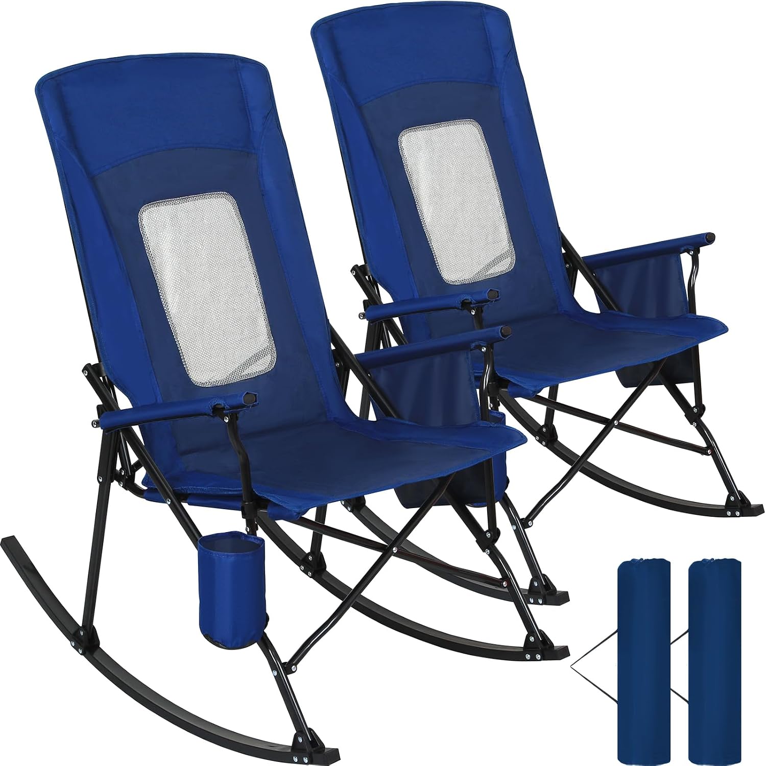 Romswi 2 Pack Rocking Camping Chair for Adult 400LBS Capacity, Heavy Duty Folding Rocking Chairs, Portable Outdoor Rocker with High Back & Hard Armrests for Camping, Beach, Patio, Backyard, Mesh Blue