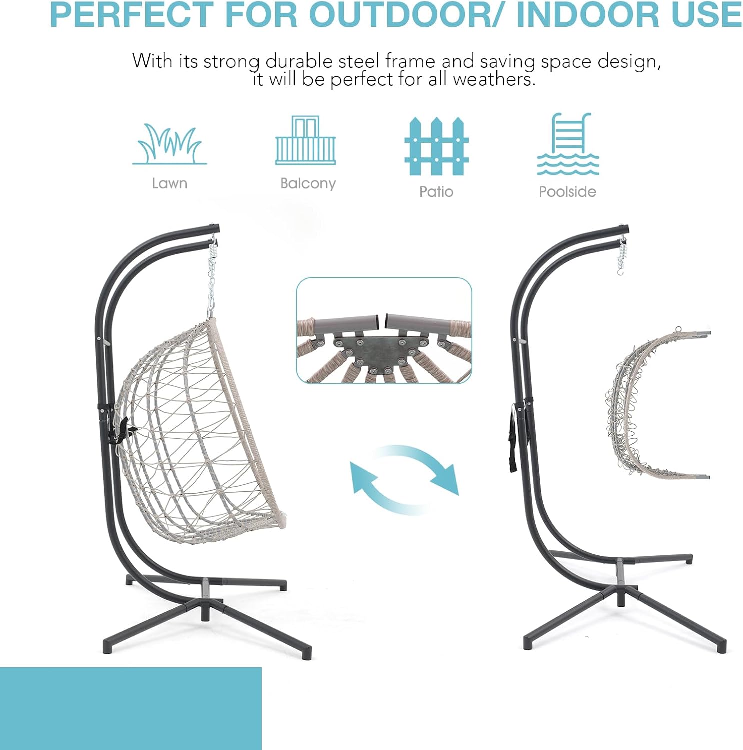 Patiorama 2 Person Double Egg Swing Chair with Stand Indoor Outdoor, Patio Wicker Rattan Hanging Egg Chair w/Cushion, Pillow, Foldable Hammock Chair 550lbs for Bedroom, Balcony, Garden (Light Blue)