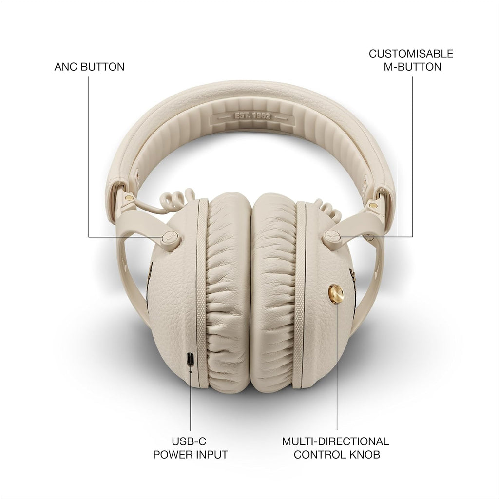 Marshall Monitor III A.N.C. Wireless Over-Ear Bluetooth Headphones - Active Noise Cancelling with Microphone | 100+ Hr Playtime | Lightweight, Foldable Design for Travel - Cream