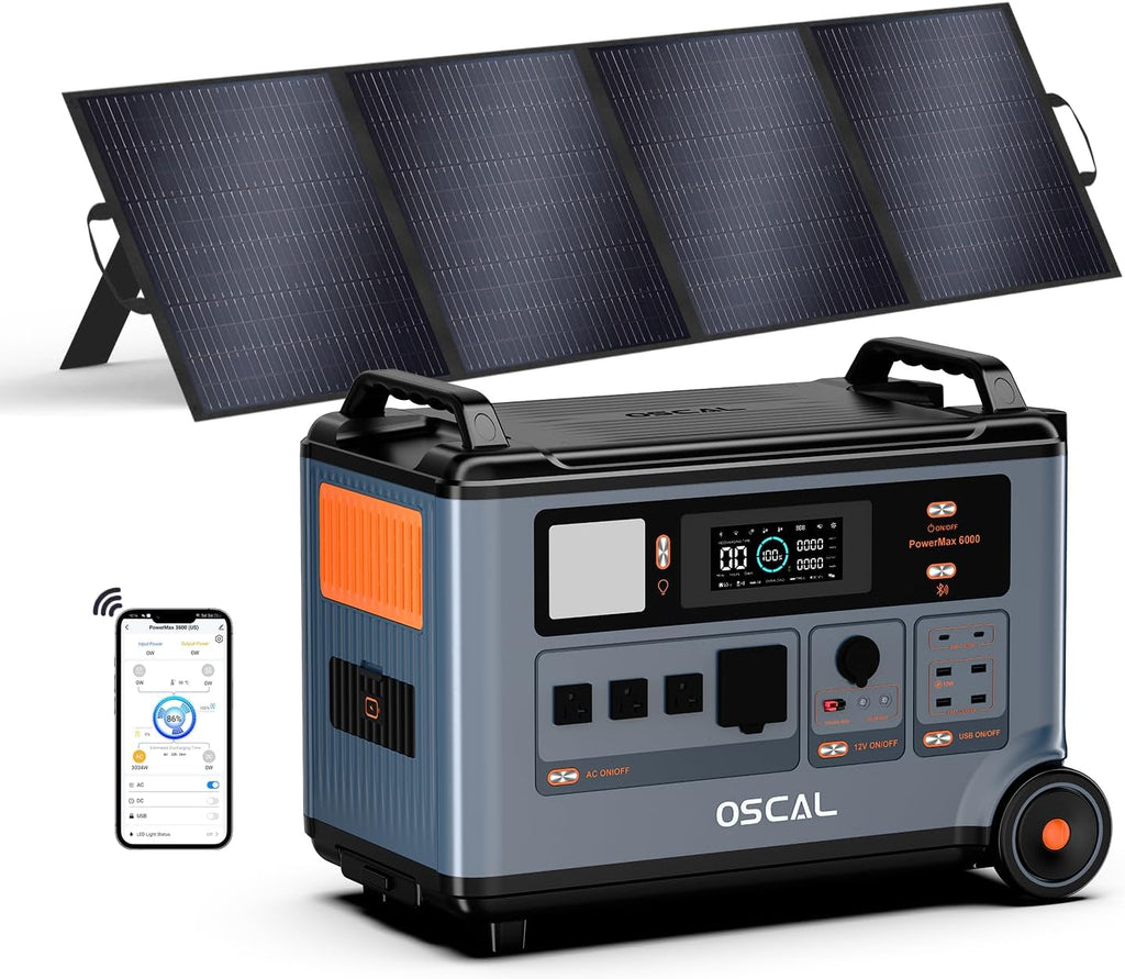OSCAL Solar Generator 3600Wh PowerMax 6000 with 200W Portable Solar Panel, 120V/240V Power Station 6000W AC Outlets (9000W Peak), 2200W AC Charging/2400W Solar Charging, Home Camping Battery Backup