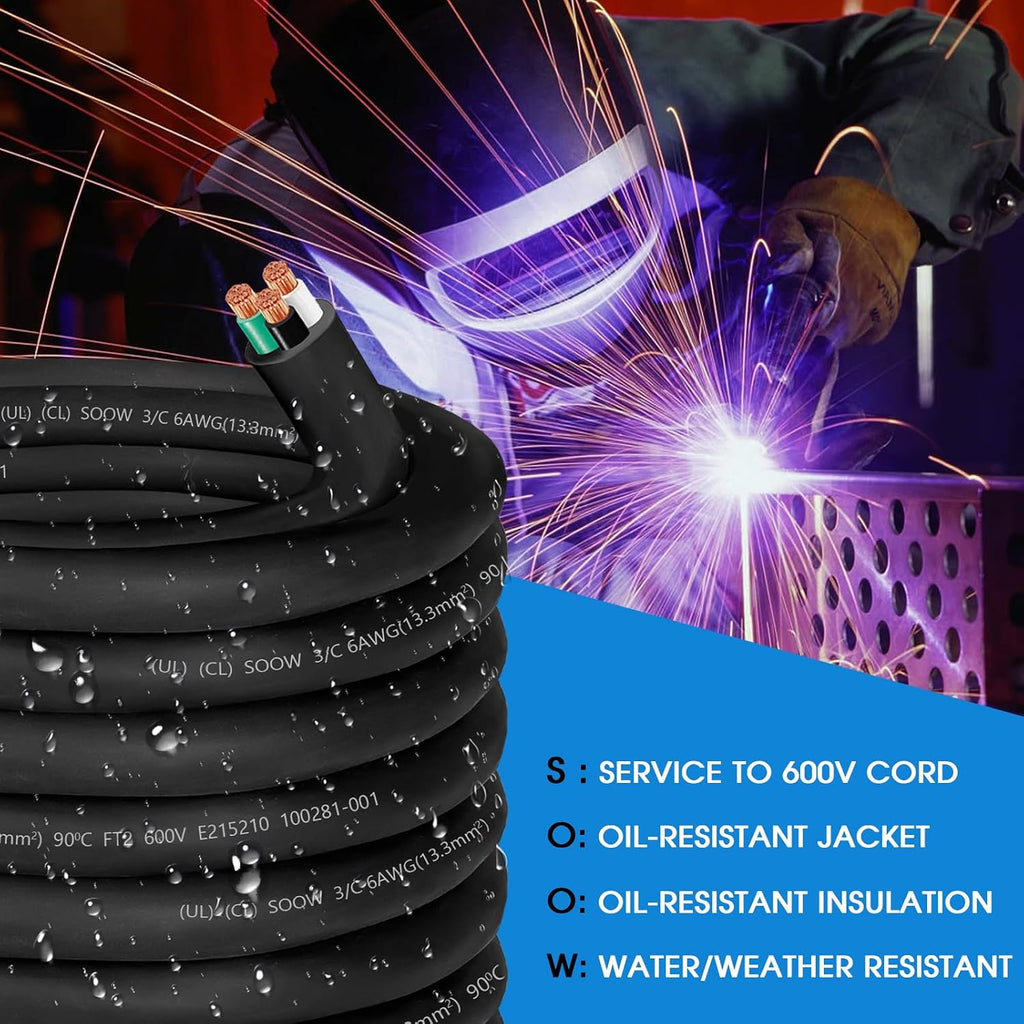 50ft 6/3 Wire SOOW Cable 6/3 Electric Wire 6AWG 600V Portable Power Cable with UL,Total 3 Conductor 6 Gauge SOOW Extension Cord SOOW Bulk Cord for Industrial-Generator,Welder,EV Charger,Outer Dia 26mm
