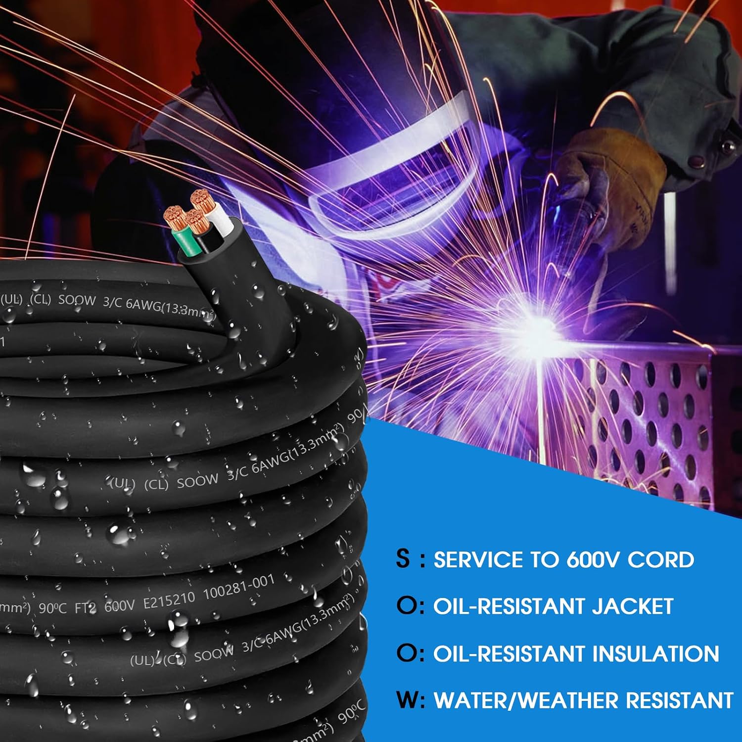 50ft 6/3 Wire SOOW Cable 6/3 Electric Wire 6AWG 600V Portable Power Cable with UL,Total 3 Conductor 6 Gauge SOOW Extension Cord SOOW Bulk Cord for Industrial-Generator,Welder,EV Charger,Outer Dia 26mm