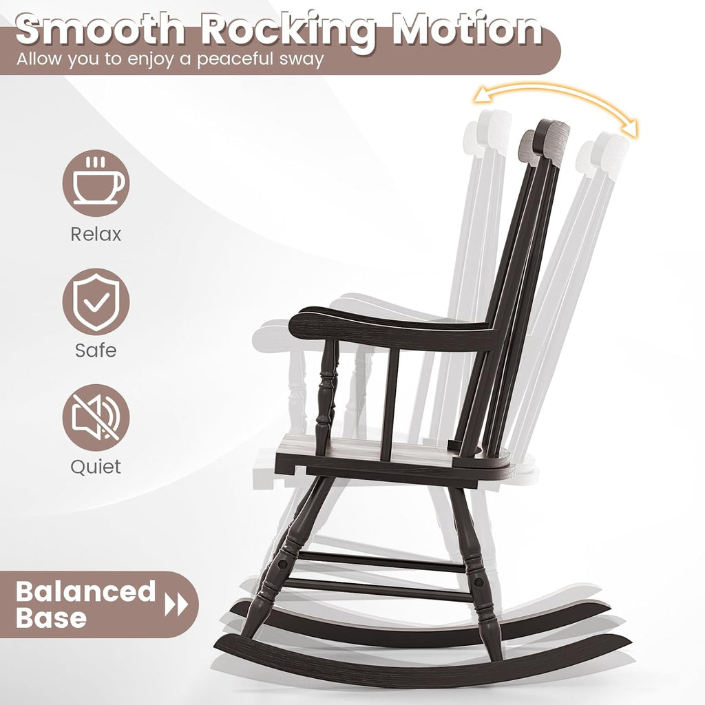 Giantex Outdoor Wood Rocking Chair Set of 2, Patio Rocking Chair w/Rubber Wood Frame, Slat Back, Outside & Indoor Rocker for Garden, Poolside, Balcony, Backyard, Lawn, Front Porch Rocker, Dark Coffee