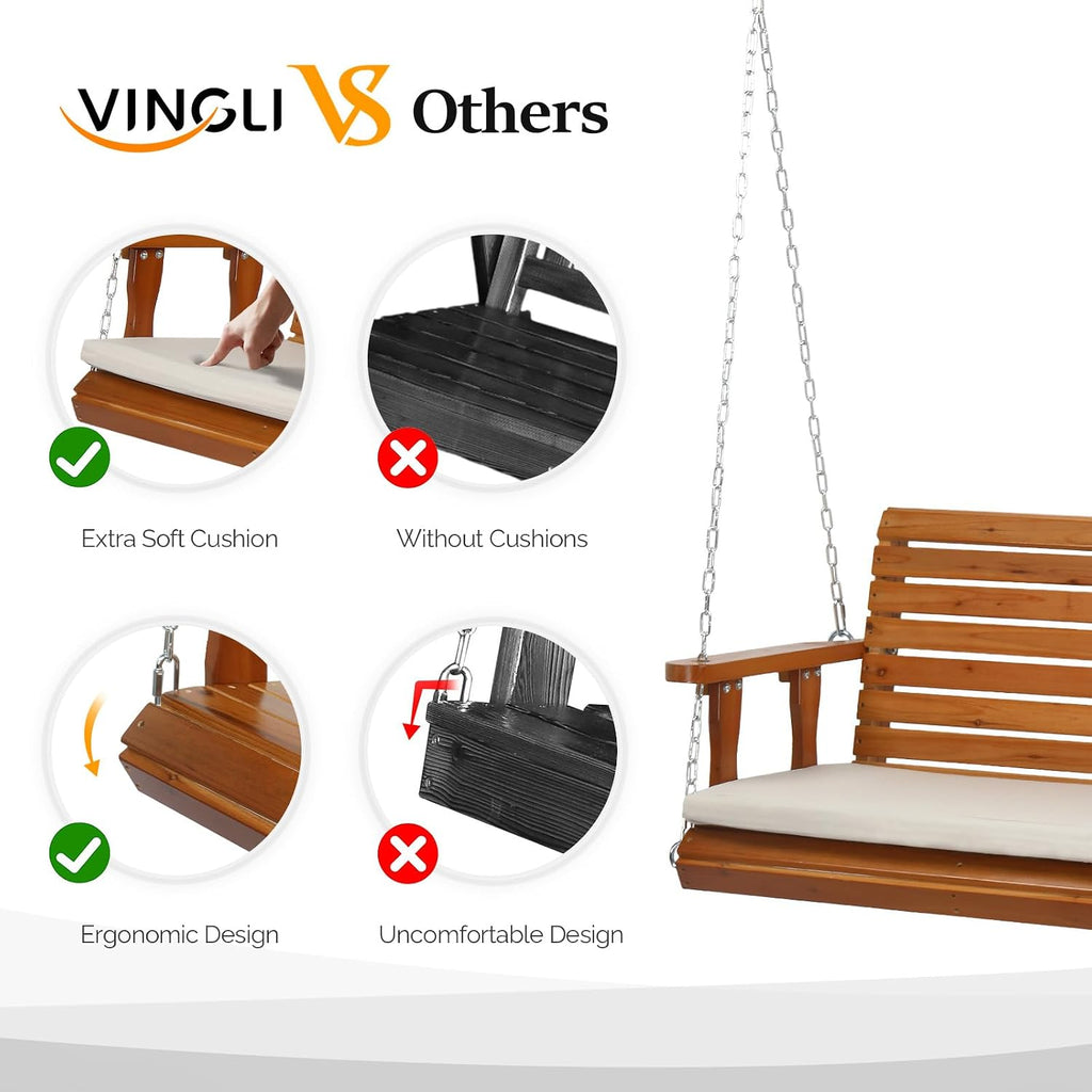 VINGLI 5 FT Outdoor Porch Swing with Frame, Patio Hanging Swing & Stand with Extra Cushions Heavy Duty 880 LBS for Yard, Garden, Pool, Deck, Brown
