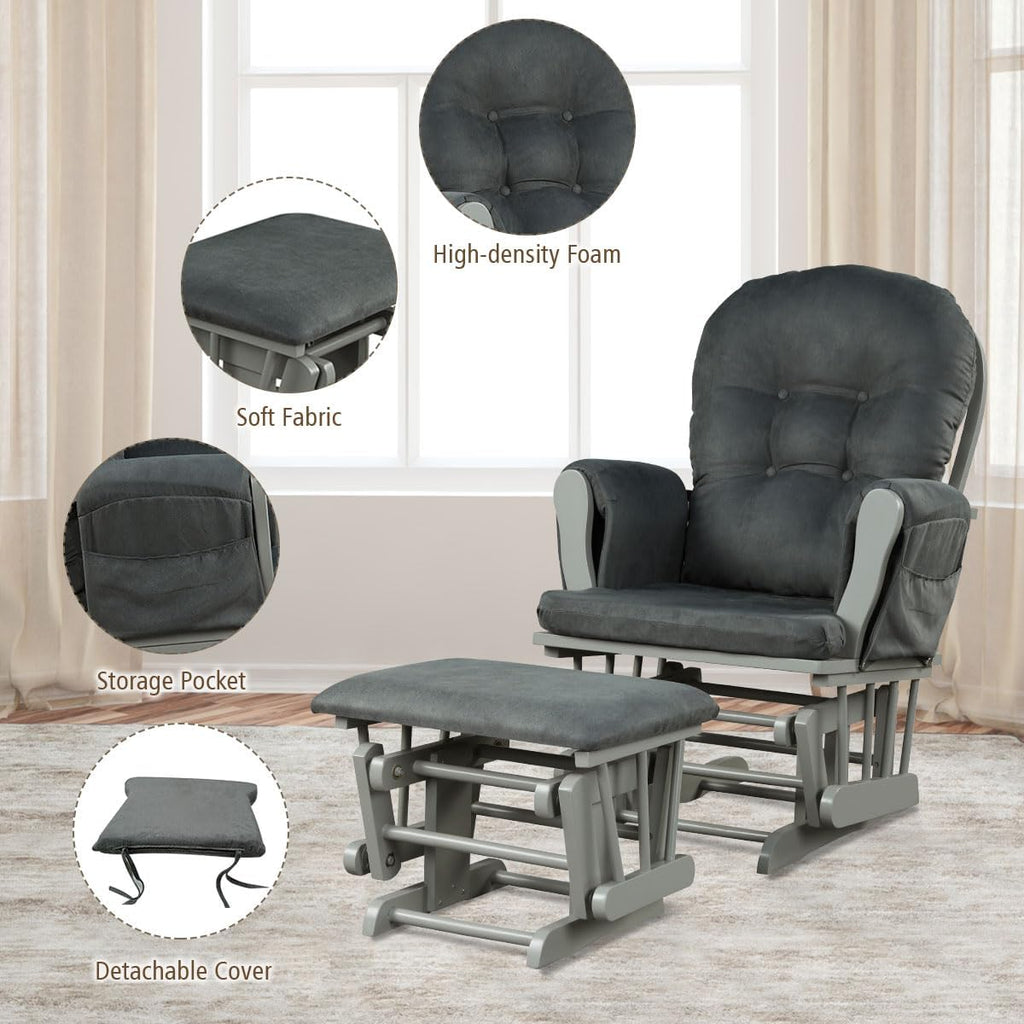 Costzon Nursery Glider with Ottoman, Upholstered Comfort Glider Rocker with Padded Cushion, Storage Pocket, Solid Wood Base, Rocking Chair Nursery for Breastfeeding, Napping (Dark Gray)