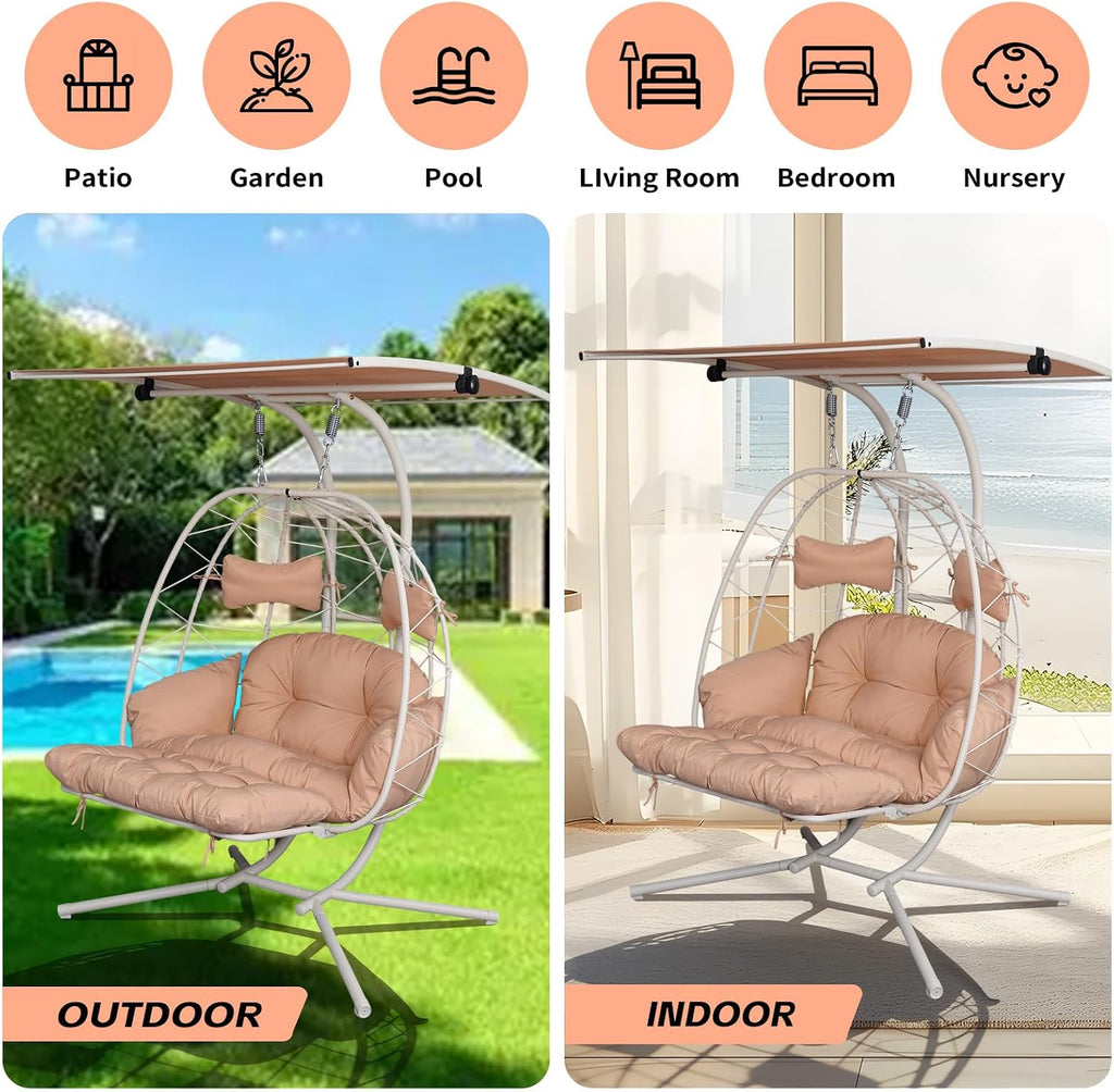 Double Egg Chair Outdoor with Stand & Canopy, 2 Person Hanging Egg Chair with Footrest, Oversized Rattan Wicker Egg Swing Chair for Bedroom Garden, 660Lbs (White-Beige with Light)