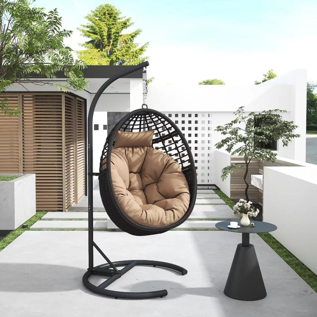 Hanging Egg Chair Hammock with Stand Wicker Rattan for Indoor Outdoor Patio Bedroom Swing with Steel Frame and Soft Cushion