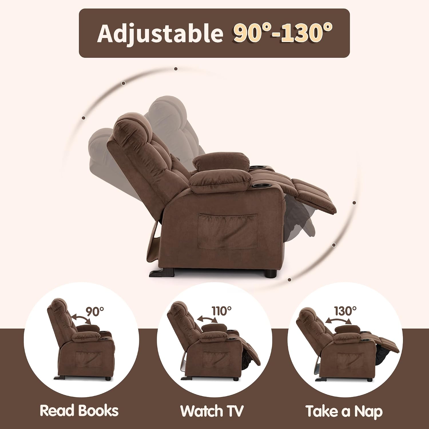 MCombo Big Kids Recliner for Ages 3+, Child Reclining Chair, Toddlers Recliner Sofa with Cup Holders (Velvet, Brown)