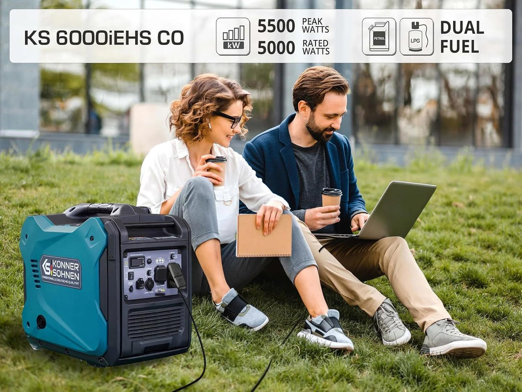 Konner&Sohnen Dual Fuel Inverter Generator - 6000W, 120/240V, Portable and Lightweight, Super Quiet with CO Sensor and Fuel-Efficient Technology, Gas & LPG Powered (German brand,model:KS 6000iEHS CO)