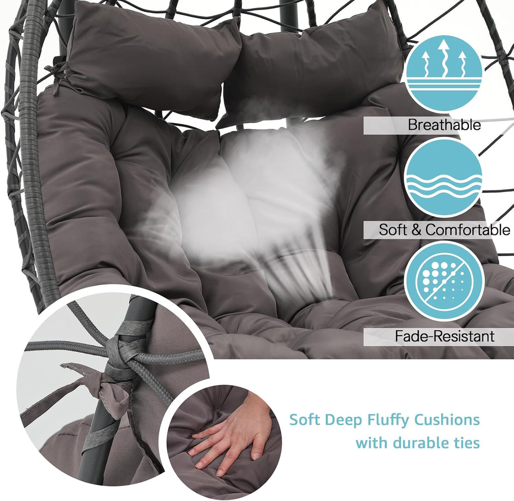 Patiorama 2 Person Double Egg Swing Chair with Stand Indoor Outdoor, Patio Wicker Rattan Hanging Egg Chair w/Cushion, Pillow, Foldable Hammock Chair 550lbs for Bedroom, Balcony, Garden (Dark Grey)