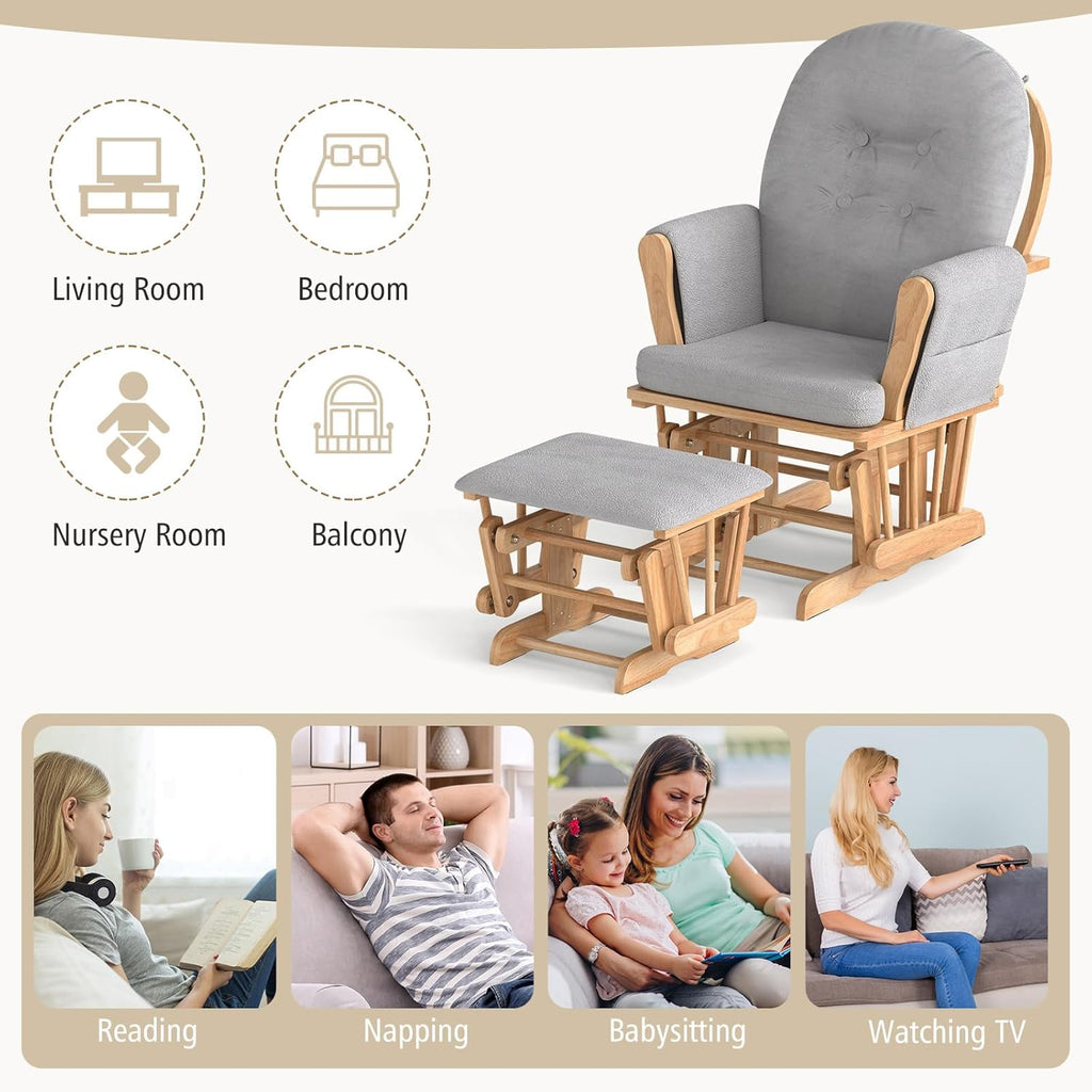 Costzon Nursery Glider with Ottoman, Upholstered Comfort Glider Rocker with Padded Cushion, Storage Pocket, Solid Wood Base, Rocking Chair Nursery for Breastfeeding, Napping (Natural)
