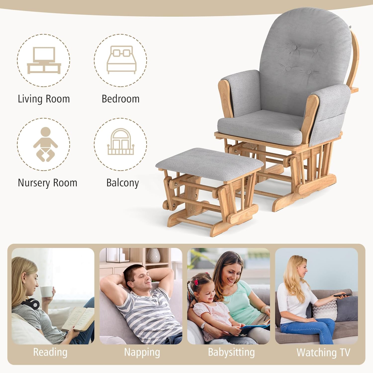 Costzon Nursery Glider with Ottoman, Upholstered Comfort Glider Rocker with Padded Cushion, Storage Pocket, Solid Wood Base, Rocking Chair Nursery for Breastfeeding, Napping (Natural)