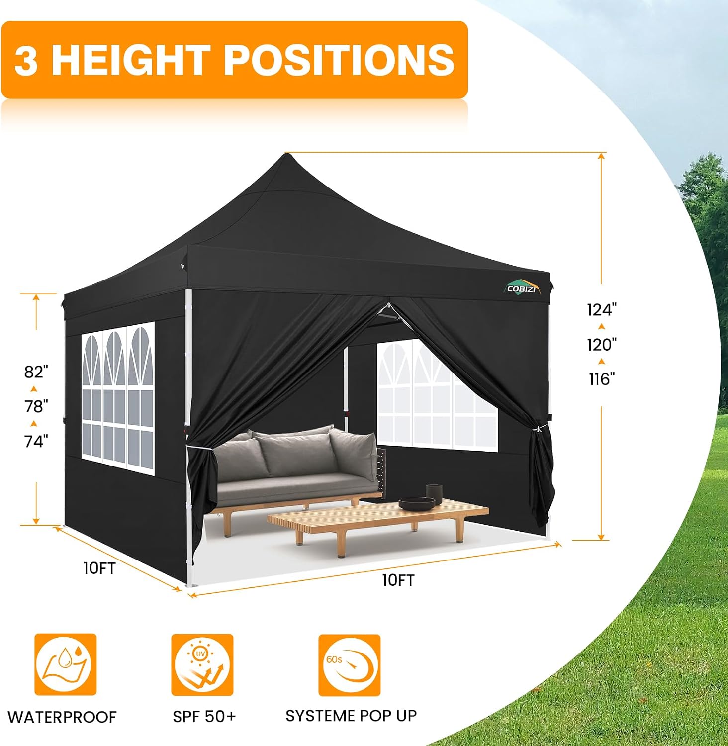 COBIZI 10x10 Pop Up Canopy with 4 Sidewalls, Pop up Tent 10x10 for Parties, Backyard, Commercial, Waterproof and Portable Instant Shelter UV50+ Ez Outdoor Canopy Gazebo with 4 Sandbags