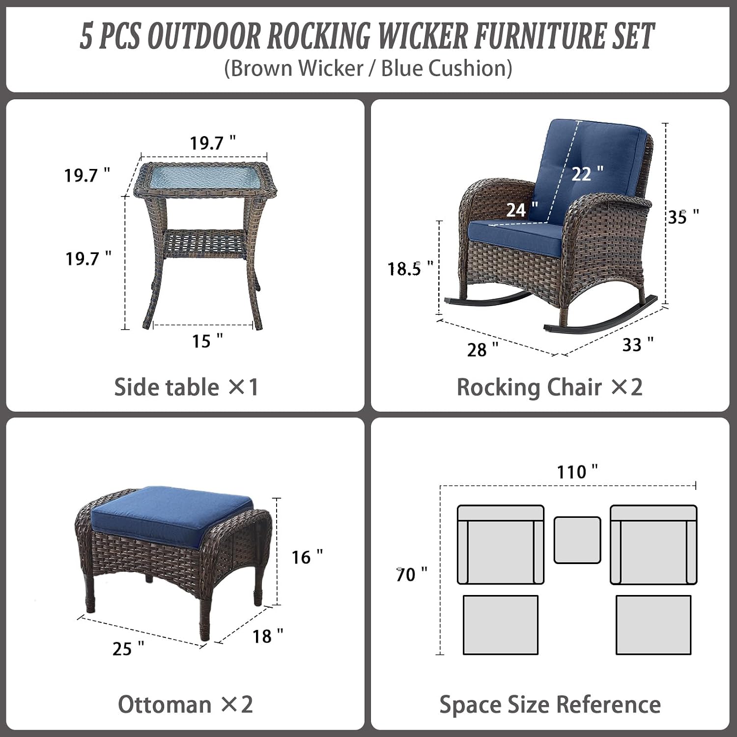 Belord Patio Rocking Chairs Furniture Set - 5 Piece Outdoor Wicker Furniture Sets with Ottomans, Small Patio Conversation Sets with Wicker Rocking Chairs Brown/Blue