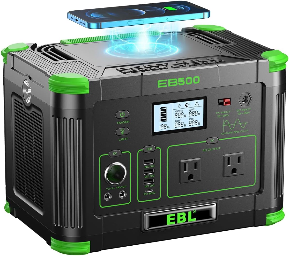 EBL Portable Power Station 500w(Peak 1000W), Camping Solar 519Wh Outdoor Solar Generator Backup Battery Pack with 2 110V AC Outlets, 10-Port Powerhouse for Outdoor and Indoor Emergency Use