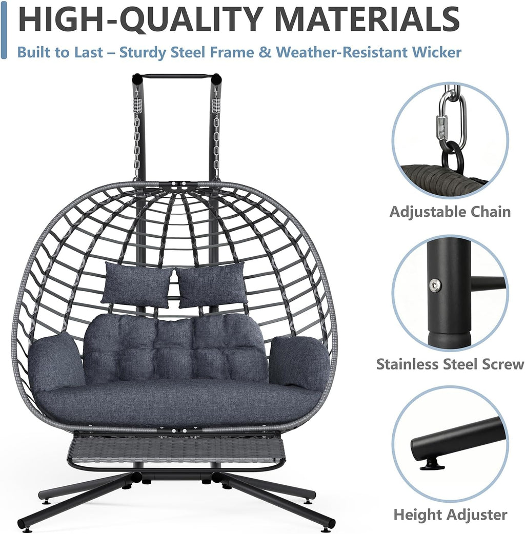 SWITTE Double Egg Swing Chair with Stand & Footrest, Outdoor Patio 2 Person Hanging Wicker Hammock Chairs with Cushion for Indoor Bedroom, Lawn, Garden-Heather Gray