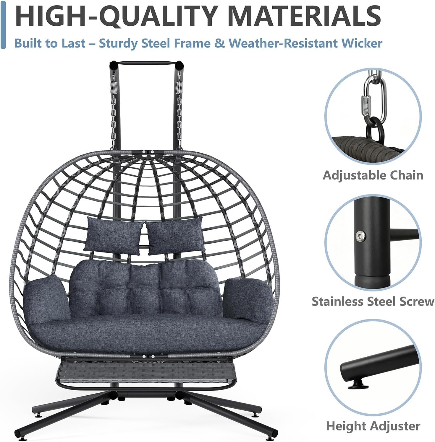 SWITTE Double Egg Swing Chair with Stand & Footrest, Outdoor Patio 2 Person Hanging Wicker Hammock Chairs with Cushion for Indoor Bedroom, Lawn, Garden-Heather Gray