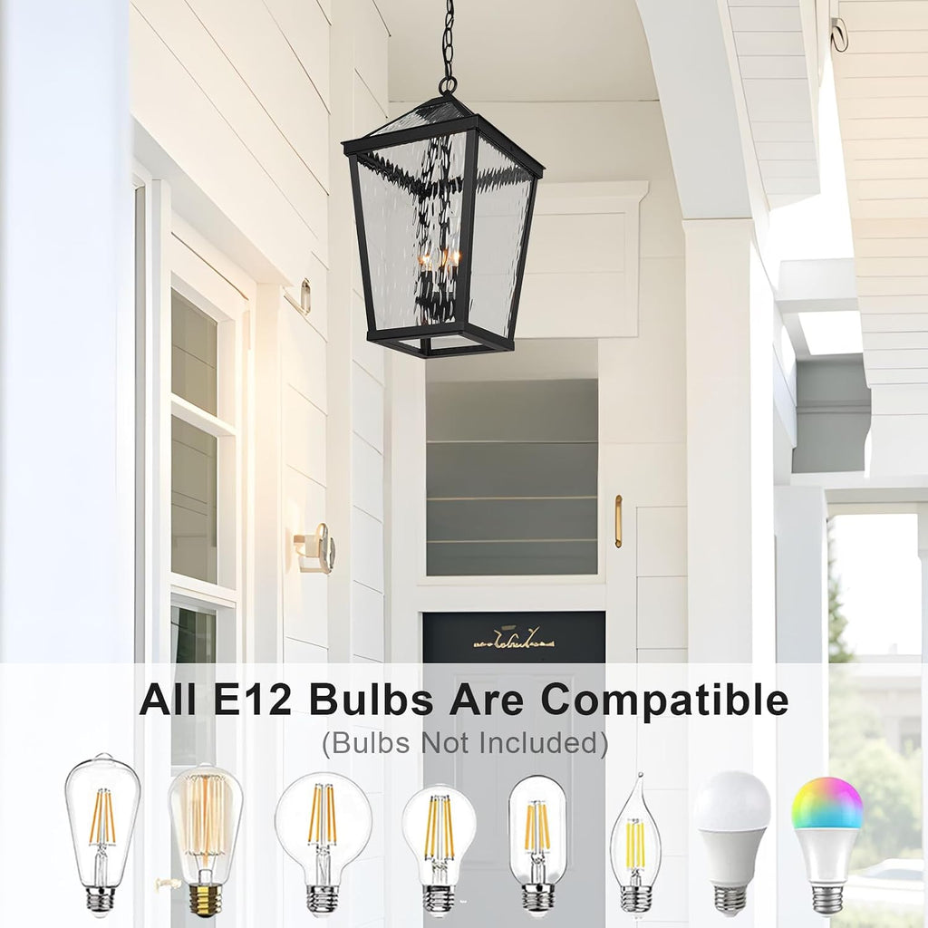 Treekee Outdoor Pendant Light, Modern Black Hanging Lantern Light for Front Porch, Adjustable Exterior Chandelier Fixture with E12 Sockets & Water Ripple Glass for Patio, Entryway, Garage, Gazebo