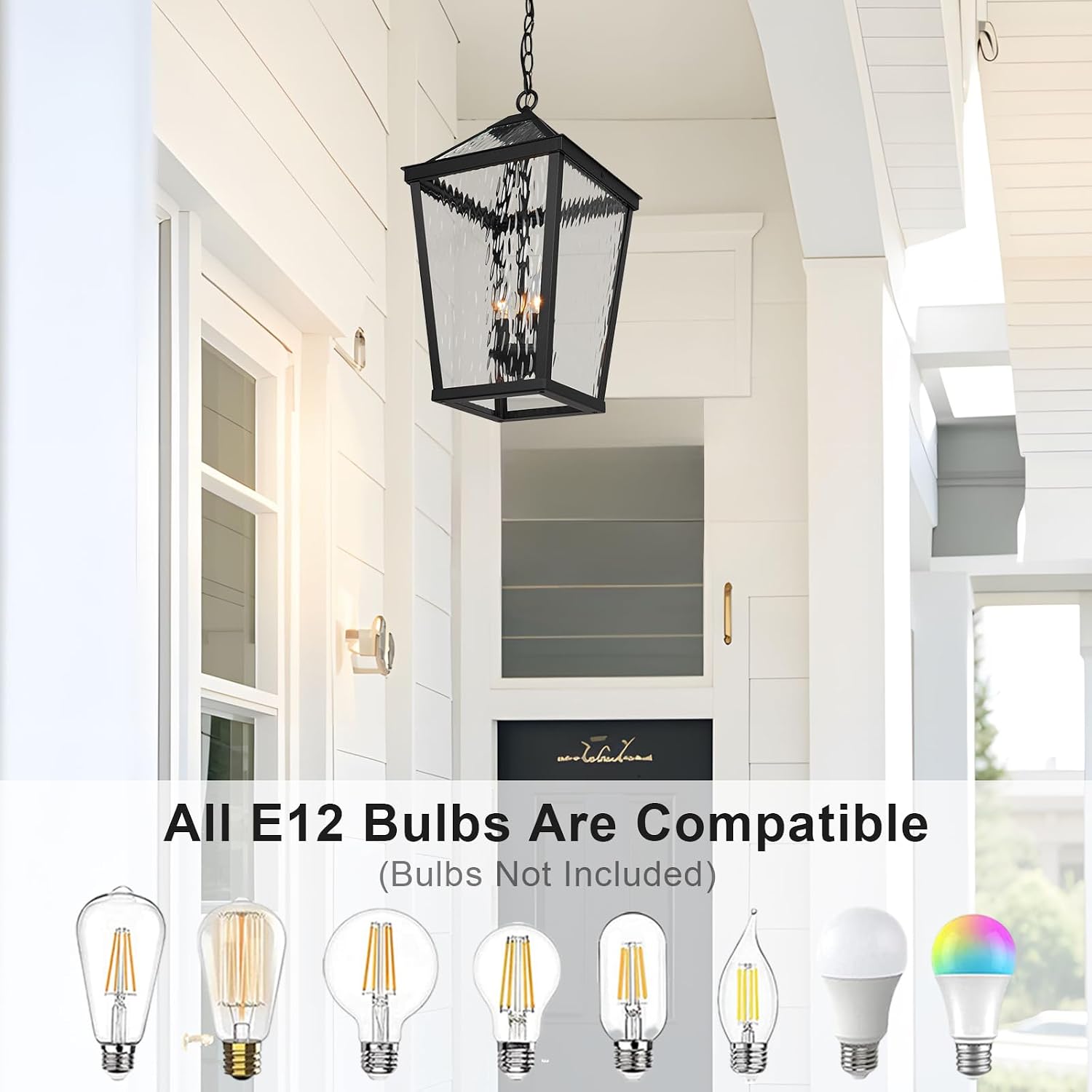 Treekee Outdoor Pendant Light, Modern Black Hanging Lantern Light for Front Porch, Adjustable Exterior Chandelier Fixture with E12 Sockets & Water Ripple Glass for Patio, Entryway, Garage, Gazebo