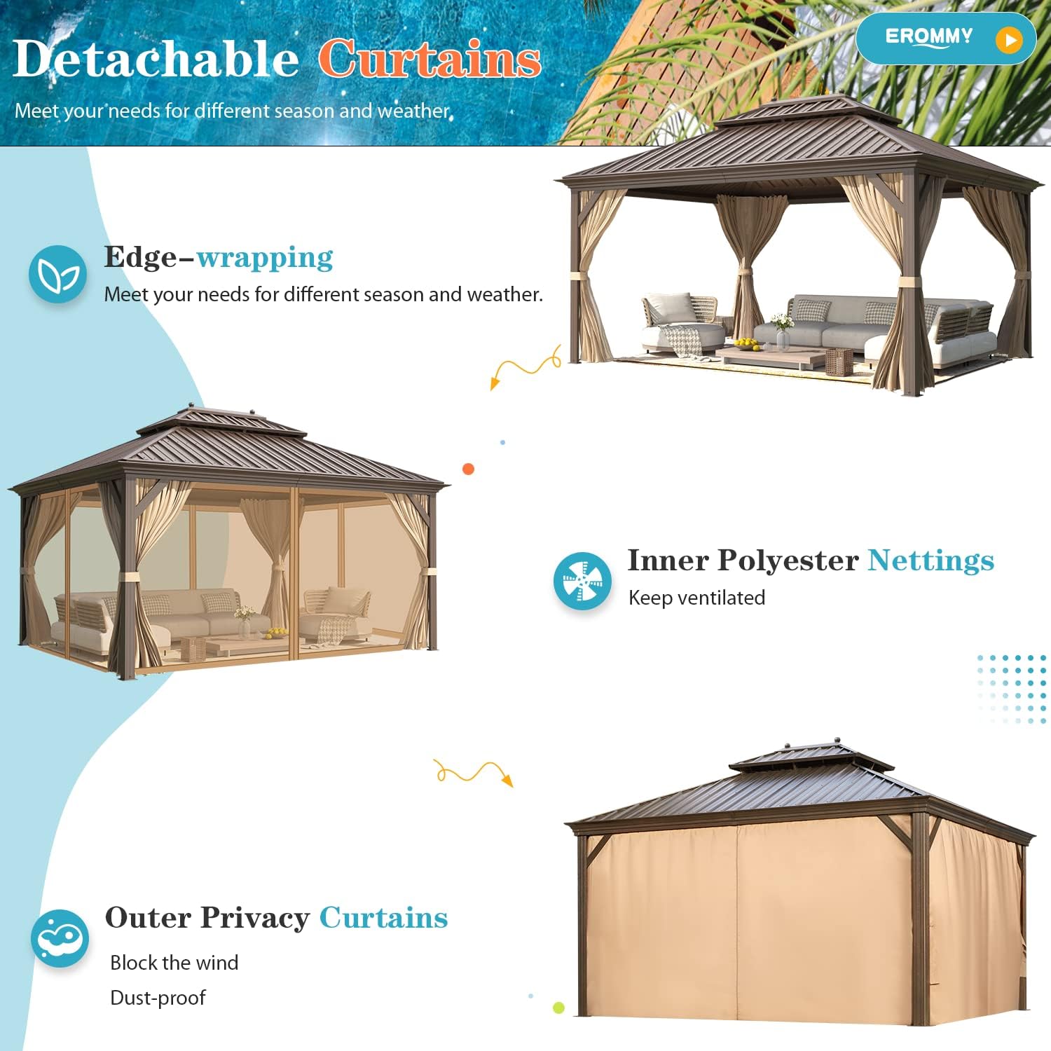 EROMMY 12' X 14' gazebos on Clearance, Hardtop Gazebo Aluminum Gazebos with Galvanized Steel Double Roof for Patio Lawn and Garden, Curtains and Netting Included, Dark Bronze