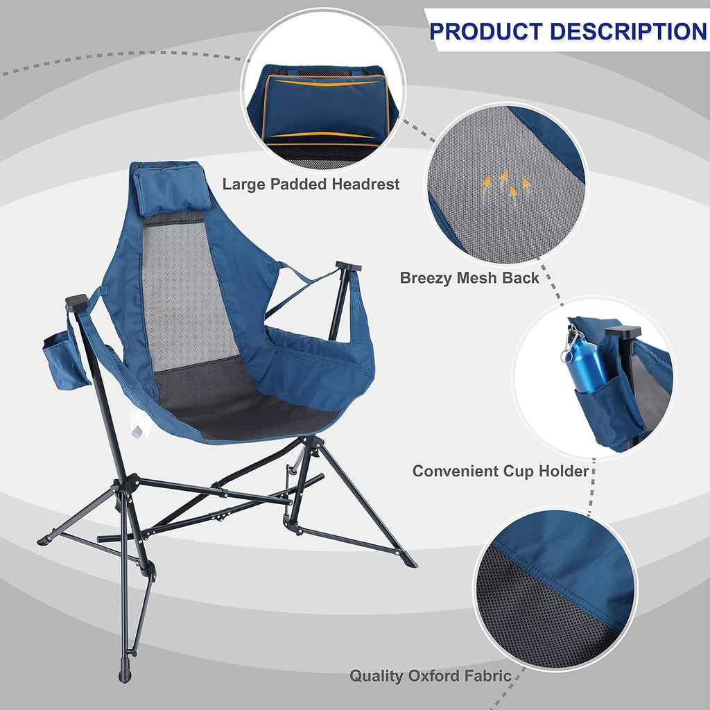 LET'S CAMP Hammock Chair Portable Camping Chair, 2 Pack Oversized Folding Rocking Chair with Headrest and Cup Holder for Travel, Picnic, Patio, Fishing, Supports 300lbs